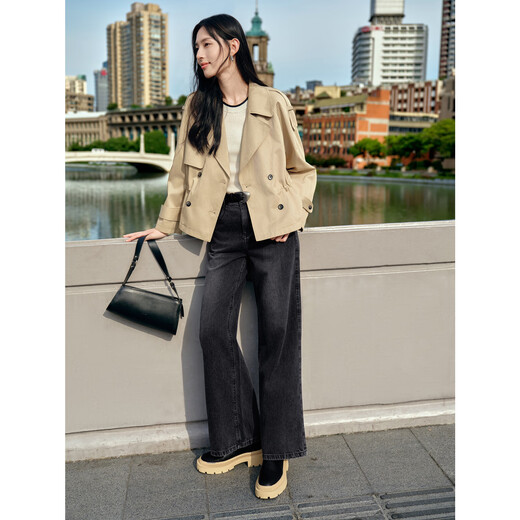 Jiuzi Annako Retro British Style Lapel Collar Drawstring Short Ageless Windbreaker Jacket Women's Autumn Khaki - Second Batch KWFQ41203 M