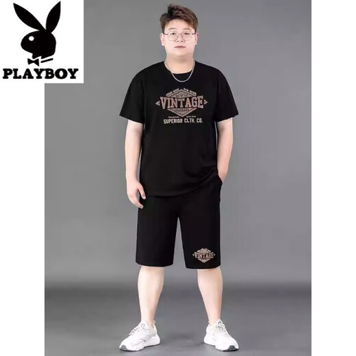 Playboy (PLAYBOY) large size ins trendy brand short-sleeved T-shirt men's summer suit fat plus fat plus thin casual pants loose sportswear 9922 black high-quality ice silk suit XL recommended 130-140Jin [Jin equals 0.5 kg]
