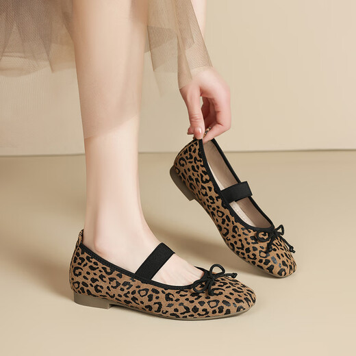 ZHR Single Shoes Damen Sommertemperament Bow weiche flache Mary Jane Lederschuhe Frauen flacher Mund Ballett Frauenschuhe AH683 Leopardendruck 39