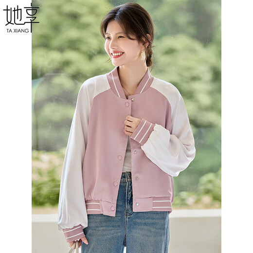 她享休闲外套女美式棒球服短外套复古百搭立领夹克上衣女 T43D076