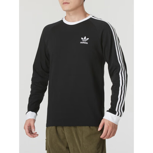 阿迪达斯 （adidas）三叶草男装上衣 2025春季新款时尚三条纹黑白圆领休闲长袖T恤衫 IA4877黑色 2XL