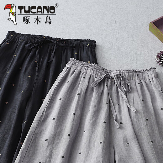 Woodpecker cotton linen polka dot wide-leg pants for women in summer elastic waist lace draped slim casual pants linen nine-point straight pants gray M [90-115Jin[Jin equals 0.5 kg]]