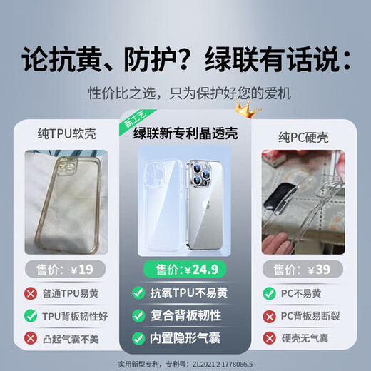 Green League [Certification environnementale] Applicable à l'iPhone 15 Mobile Case mobile Transparent Airbag Anti-Fall Apple 15 Protector Case ultra-Thin Lens Full Emballe Emballe Anti-Yellow Anti-Wear Anti-Shock Simple Hommes et femmes Modèles