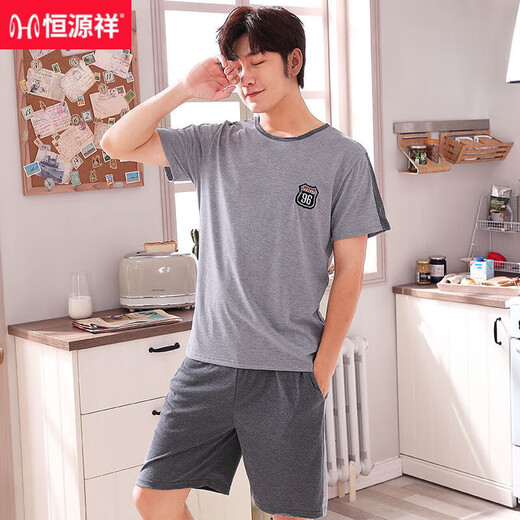 Hengyuanxiang men's pajamas summer cotton short-sleeved shorts youth and middle-aged casual plus size summer thin home clothing set HD9922 [short-sleeved shorts set] L [100-130Jin [Jin equals 0.5 kg]]