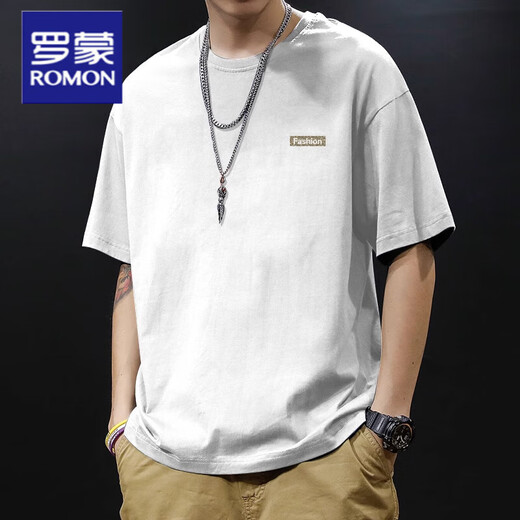 罗蒙（ROMON）重磅新疆棉纯棉夏季美式圆领短袖t恤男款日常宽松休闲潮牌短袖男T 绿色-1365短袖-100%纯棉 S 【建议90-115斤】