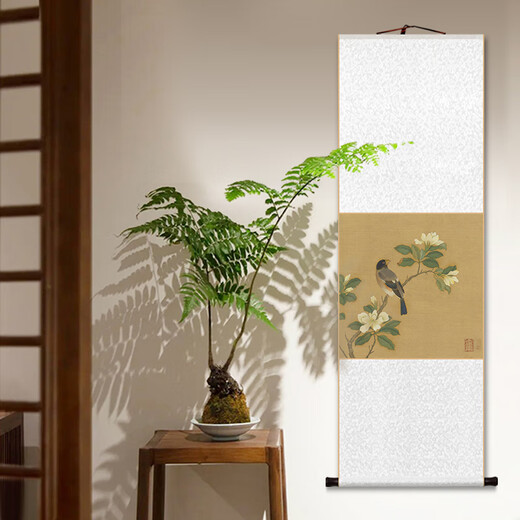 承琉仇英花鸟卷轴挂画新中式桃花杏花名家装饰画客厅书房茶室玄关壁画 11932款：花鸟册-樱桃 整体尺寸：30*105cm乳白色锦绫+新款