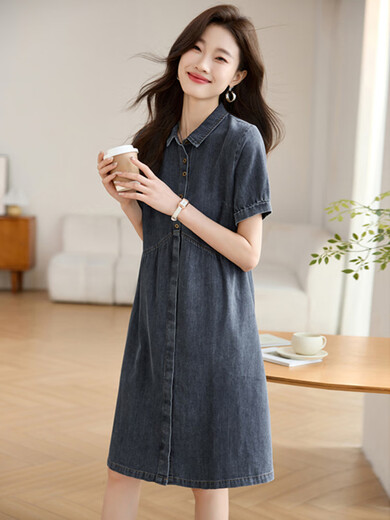 TJQ Robe de denim de marque haut de gamme de luxe pour femmes 2025 Été Nouveau tempérament de la mode Collier décontracté mince et à la mode Blue Grey M Recommandé 115 Jin [Jin est égal à 0,5 kg]