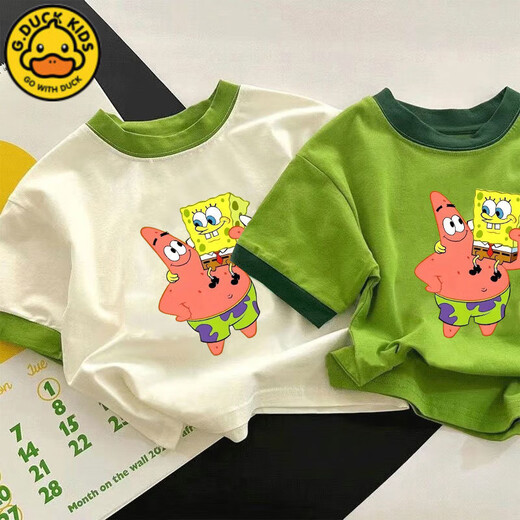 G.DUCKKIDS男童女童纯棉短袖T恤夏季新款卡通海绵宝宝半袖儿童洋气上衣t 673白色【派大星抱 海绵宝宝】 120