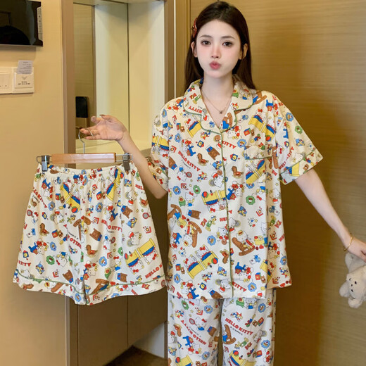 
Korean version of ugly fish Hanton pajamas for women in summer thin home clothes, short sleeves, shorts, trousers, cartoon cute three-piece suit set WZL1484 [no eye mask] L [recommended 100-120 Jin [Jin equals 0.5 kg]]