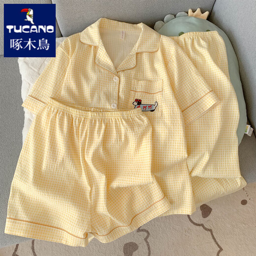 Woodpecker Daschampagne Pajamas Women's 2025 New Summer Pure Cotton Gauze Short Sleeve Three-Piece Set Cardigan Cotton Silk Home Clothing Yunduo Cotton-J9901# Paradise Puppy Three-Piece Set M [Suggested 75-100Jin [Jin equals 0.5 kg]]