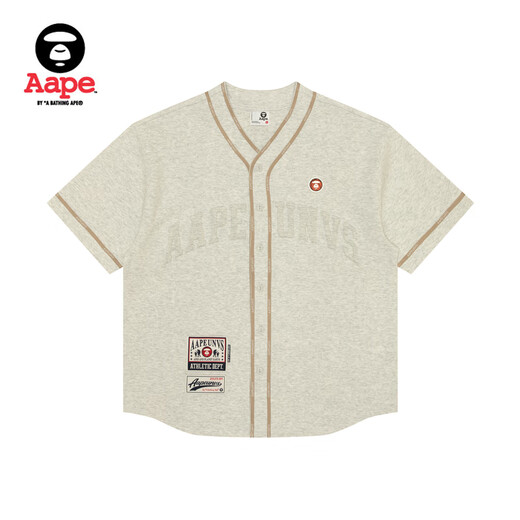 Aape Frühlings- und Sommer-Basketball-Affe-Mann Abzeichen Brief Print V-Ausschnitt Button Lose Trendy Short Sleeve T-Shirt 1473XAM WH2/GRAY L.