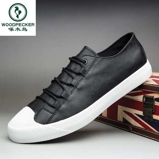 Woodpecker Spring and Autumn 2025 new casual men's shoes black waterproof leather shoes summer trendy shoes Korean style shoes business UK 9851 black white low top 41