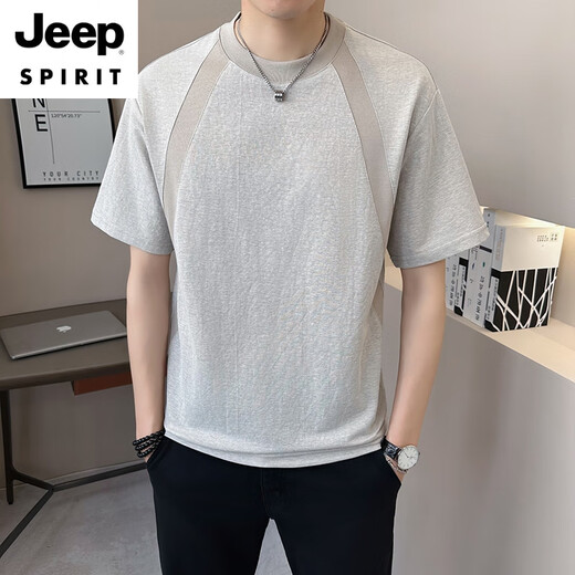 JEEP SPIRIT棉麻男士短袖t恤夏季新款2025设计感休闲圆领潮流百搭亚麻t恤衫男 9866绿色 L