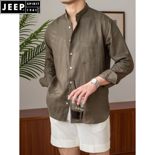 JEEP SPIRIT Commuting Light Mature Casual Breathable Pure Linen Long Sleeve Shirt Versatile Vacation Stand Collar Shirt Men's Henley Collar Top White L
