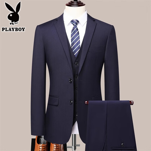 Playboy 2025 new high-end suit men's middle-aged business casual slim jacket professional suit Navy blue two-button top + pants + shirt get clothes L (suitable for 110-125Jin [Jin equals 0.5 kg])