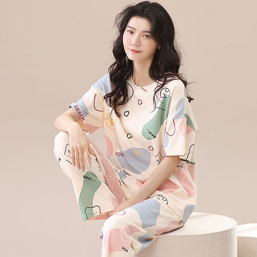 浪莎100%纯棉睡衣女春夏短袖长裤休闲宽松女韩版家居服秋季可外穿套装 T-9711(短袖长裤) M码(85-105斤) 均码