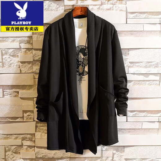 花花公子（PLAYBOY）夏季风衣男中长款防晒男士薄款大衣春秋帅气披风韩版学生外套潮流 9909翻领风衣黑色 S