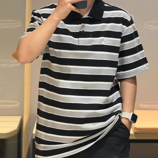 Nike (NIKE) striped short-sleeved T-shirt summer new sportswear loose casual breathable lapel POLO shirt top FN3897-010 black and white striped XL
