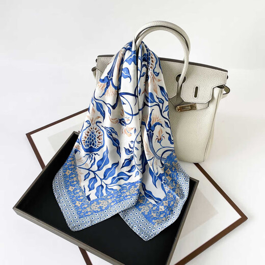 
70 ethnic style silk scarf women plant flowers square scarf scarf neck protection sun protection temperament scarf simulated silk satin square scarf L7372-green flower 70*70cm