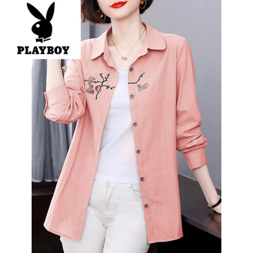 Playboy (PLAYBOY) pure cotton long-sleeved shirt women's tops 2025 spring and autumn new style middle-aged mother ladies large size versatile shirt jacket purple M recommended 85-105 Jin Jin equals 0.5 kg