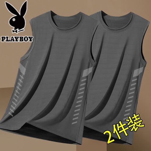 花花公子（PLAYBOY）冰丝背心男夏季潮流圆领网眼透气速干运动坎肩凉感吸汗无袖上衣 黑色+深灰/ 二件装收藏加购优先 XL (115-125斤)