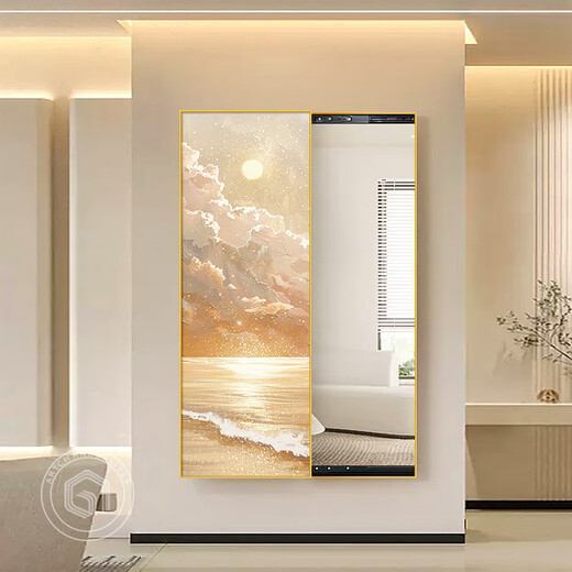 Xingkai 2024 Log Wind Sunrise Push-pull Full-length Mirror Invisible Push-pull Closed Cover Hidden Dressing Mirror Decorative Hanging Painting M3519 Xiayang Mirror A 40*120CM [On-door] Aluminum alloy black frame + left