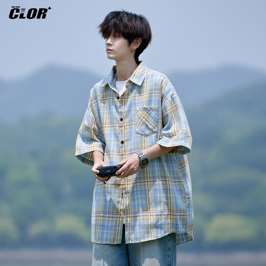 CLOR plaid short-sleeved shirt men's summer ins loose casual shirt American retro jacket CLCX10 yellow XL