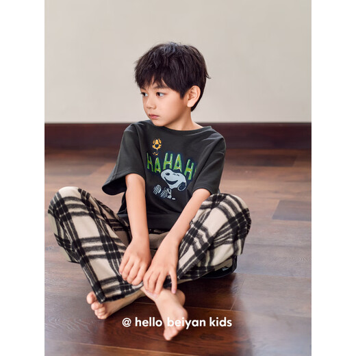Benny Bear Bear Children's Pajamas Summer Pure Cotton Short Sleeve Trousers Plaid Snoopy Parent-Child Set Girls Large Size Home Clothing TD1105 (can be worn by both boys and girls) 120 (size 10)
