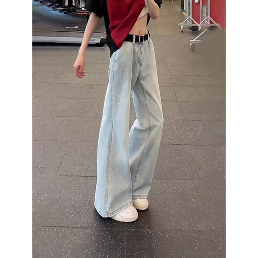 POUM light blue bootcut jeans for men in winter plus velvet to keep warm and show height straight pants American high street slim scimitar pants light blue XL 120-135Jin Jin is equal to 0.5 kg