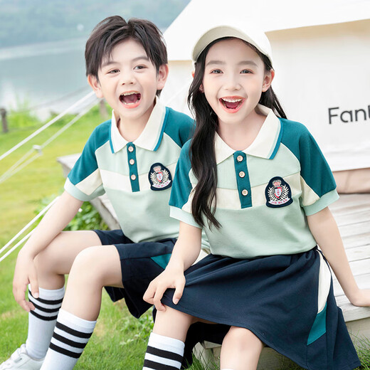 米诗德（MISHIDE）米诗德幼儿园园服夏季英伦校服小学生校服套装夏季短袖英伦风毕业 6625绿色款女T恤+裙子 160cm 均码