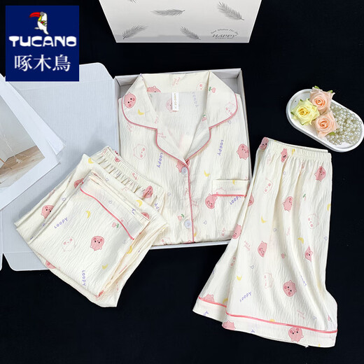 Woodpecker Cute Ruby Pure Cotton Gauze Pajamas for Women in Summer Short Sleeve Three-Piece Set Internet Celebrity Cartoon Outdoor Home Summer Cloud Cotton-J9901# Paradise Puppy Three-Piece Set M [Suggested 75-100Jin [Jin equals 0.5 kg]]