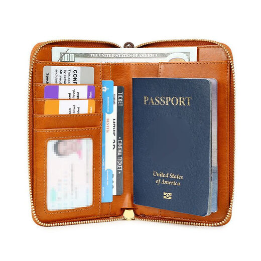 New new certificate bag anti-theft brushing RFID passport clip zipper ID card wallet money clip multifunctional travel passport bag light brown