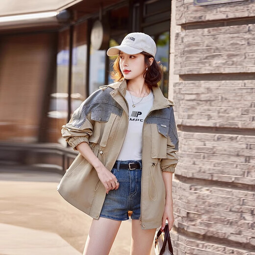 ROMON (ROMON) jacket for women's windbreaker mid-length 2025 spring and autumn new style small person loose and versatile casual large size fashionable and slim Khaki S