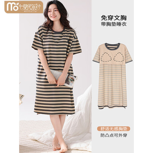 Victoria's style 2025 new nightgown with chest pad for women's summer cotton short-sleeved thin striped mid-length pajamas home clothes skirt with chest pad 14103 L 165 Recommended weight 100-120 Jin [Jin equals 0.5 kg]