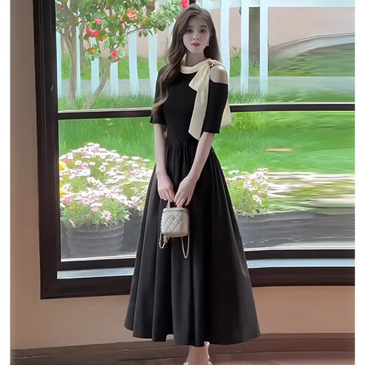 Französisch Retro-Halfterkleid im Hepburn-Stil für Frauen 2025 Sommerdesign Nische Platycodon D1840 Black XL [120-130jin [Jin entspricht 0,5 kg]]