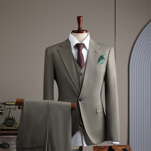 DK high-end men's one-button suit suit men's spring and autumn slim coat business casual formal dress small suit one-button tea gray (suit + trousers) 4XL 58 (158-175Jin Jin equals 0.5 kg)