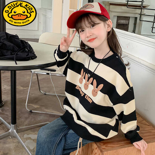 G.DUCKKIDS女童卫衣秋装2025新款中大童洋气春秋款小女孩秋冬季加绒上衣 黑白条纹春秋款 不加绒 120 建议身高115以内