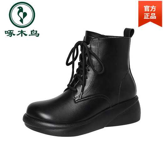 Woodpecker genuine leather women's shoes 2025 winter new Martin boots thick-soled wedge-heeled short boots flat-soled high-heeled single boots women's boots black warm velvet lining 38 standard size