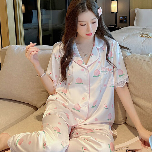 Victoria's style ice silk pajamas for women 2025 new summer thin lace peach short-sleeved trousers sweet home clothes three-piece set AL-YFY9905# peach [short-sleeved + trousers] M [recommended 80-100Jin [Jin equals 0.5 kg]]