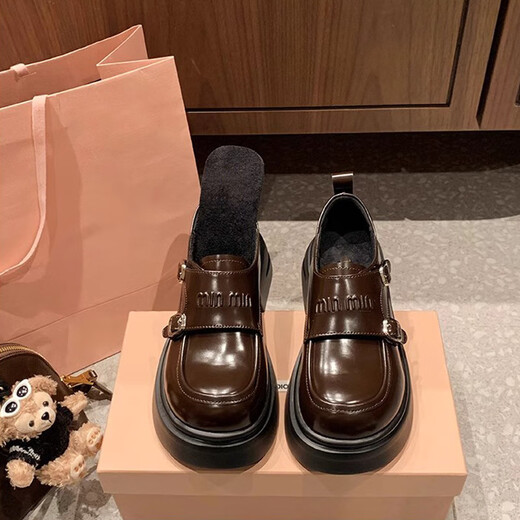 
Belle's Spring 2025 new double buckle round toe British style plus velvet thick sole loafer small leather shoes women's P1048-3 black 35