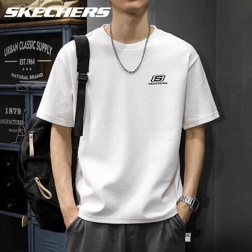 SKECHERS斯凯奇休闲短袖男士夏季跑步户外运动半袖纯棉圆领时尚潮流t恤男 U071-0019亮白色 L /175