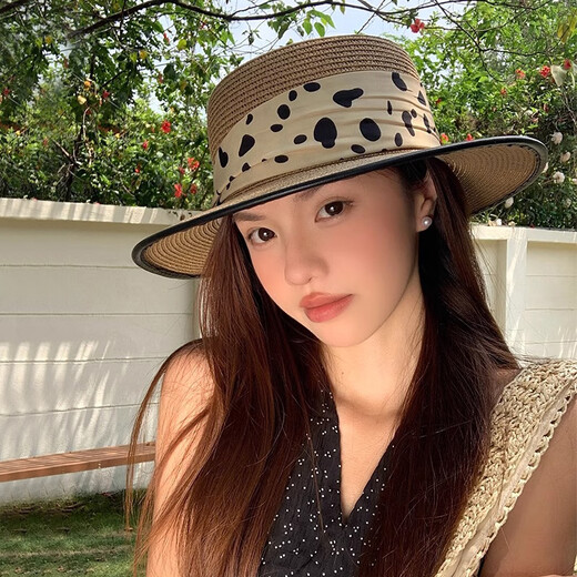 逸兼波点织带平顶草帽女夏季海边沙滩度假帽子遮阳帽优雅礼帽太阳帽子 波点平顶草帽【卡其色】
