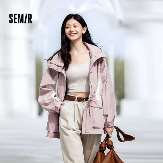 森马（Semir）防护外套|外套女中长款拼色三防防风秋潮酷宽松连帽上衣户外 紫白色调00471 M
