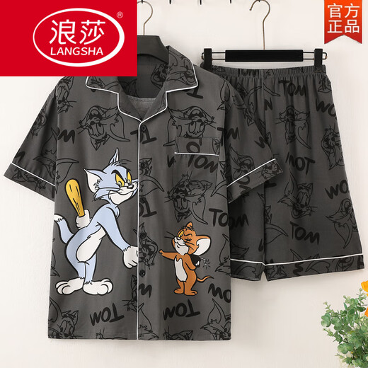 Langsha (Langsha) Summer de algodón de algodón delgado de algodón de algodón de algodón de algodón Juego de ropa para hombres Versión coreana de dibujos animados de verano