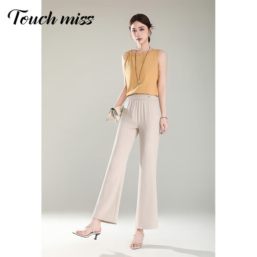 塔驰密司 TOUCH MISS高端减龄休闲裤女夏季新款喇叭裤薄款小个子九分微喇裤松紧高腰 米色 27 92-105斤内