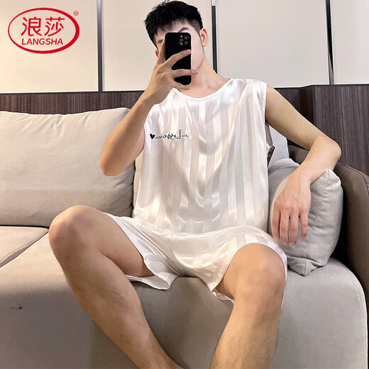 
LangSha (LangSha) men's pajamas, men's children's junior high school students ice silk summer thin vest pajamas pants summer large size home clothing Love 9901 Navy men XL men (120-140Jin [Jin equals 0.5 kg])