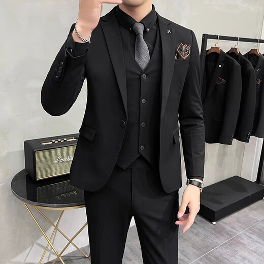 BUSYCONG轻奢品牌西服套装男士潮流韩版修身结婚礼服商务休闲西装三件套 9889#双扣黑色西装+马甲+西裤 S