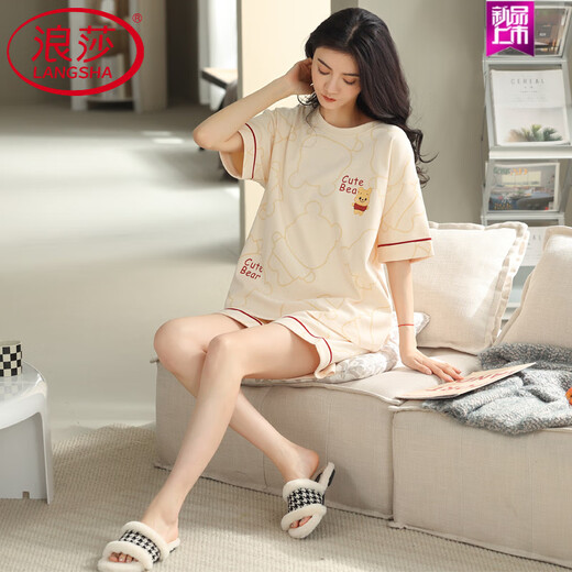 浪莎（LangSha）睡衣女款夏季纯棉短袖短裤甜美薄款全棉休闲学生家居服套装 YX7512 9856 M 【 建议80-100斤穿】