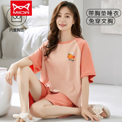 猫人（MiiOW）女士短袖睡衣套装夏季自带胸垫一体大码薄款纯棉夏天家居服可外穿 GXT1047 M （建议75-95斤）