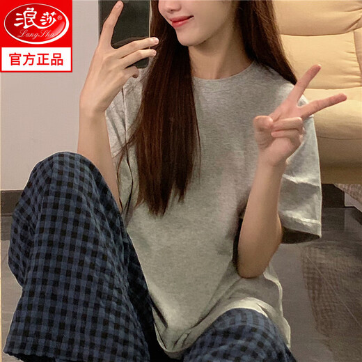 浪莎睡衣女夏季棉质短袖长裤2025年新款可爱韩系网红ins两件套家居服 684短长灰色小兔 M 80-95斤